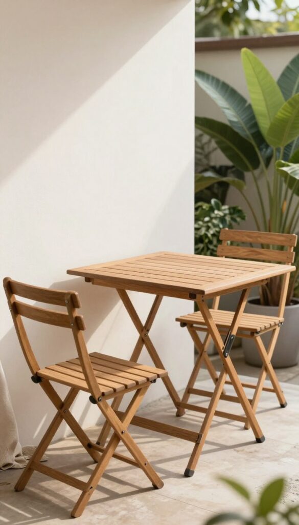 Bright compact wooden deck with slim teak folding cafe furniture, some pieces folded and stored vertically against the wall while a small table and chair remain set up for coffee