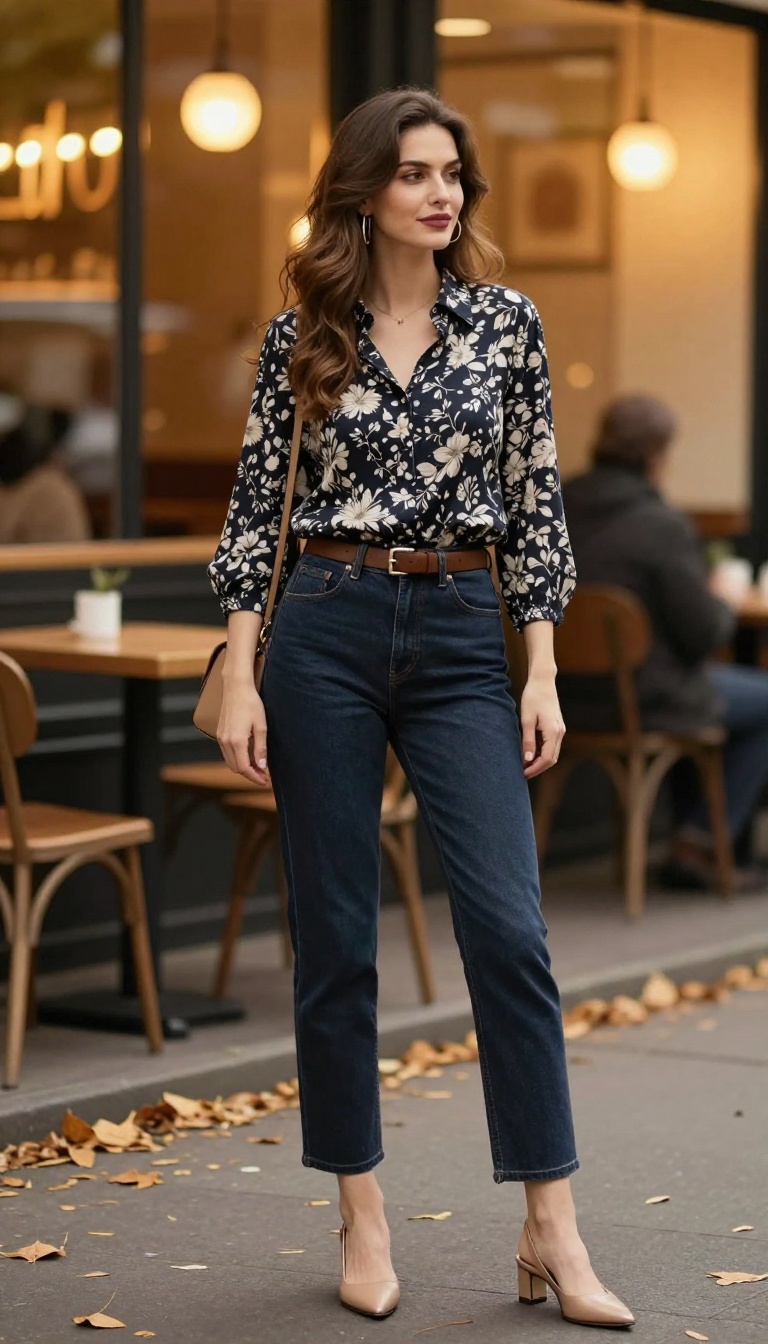 9. High-Waisted Jeans with Slingback Heels and a Blouse