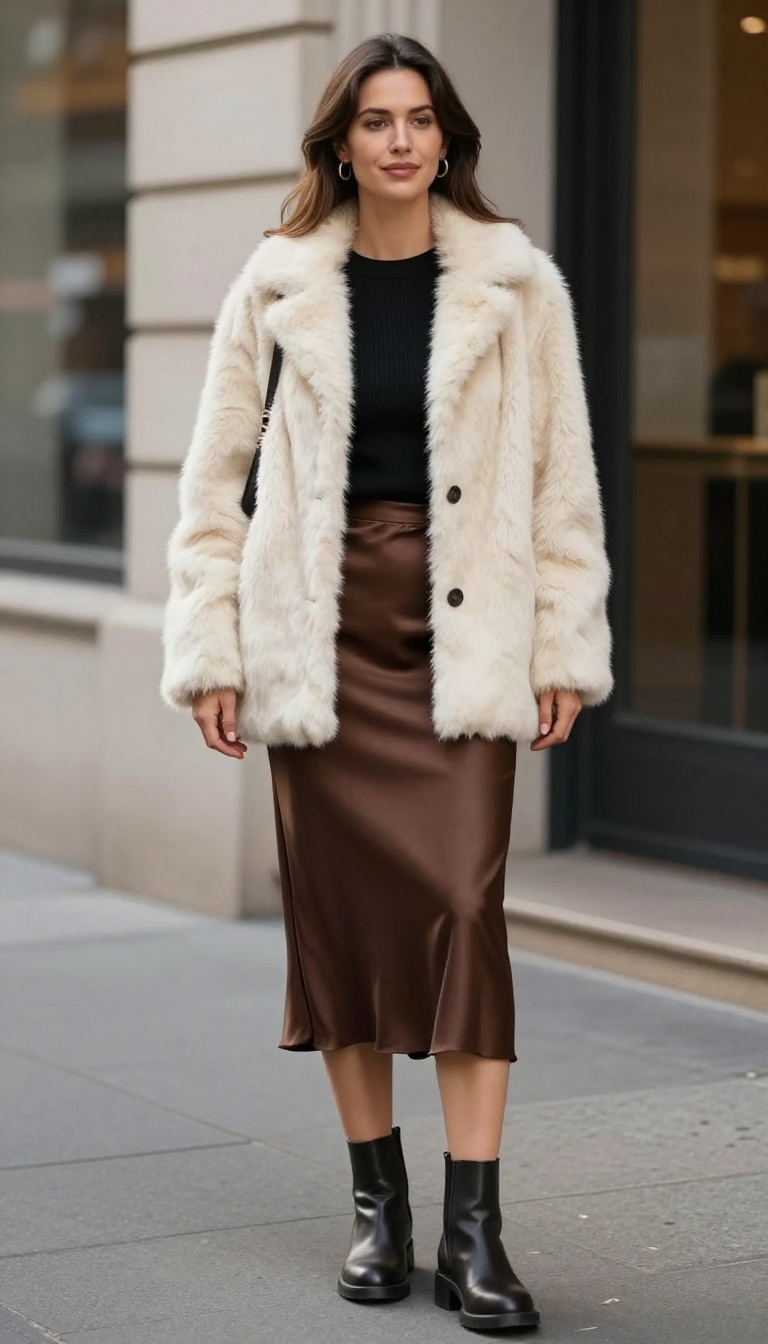 11. Faux Fur Coat Over a Slip Skirt