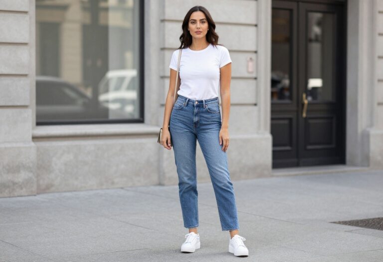 Woman wearing a Y2K outfit with a baby tee, low-rise jeans, and platform sneakers, standing outdoors.