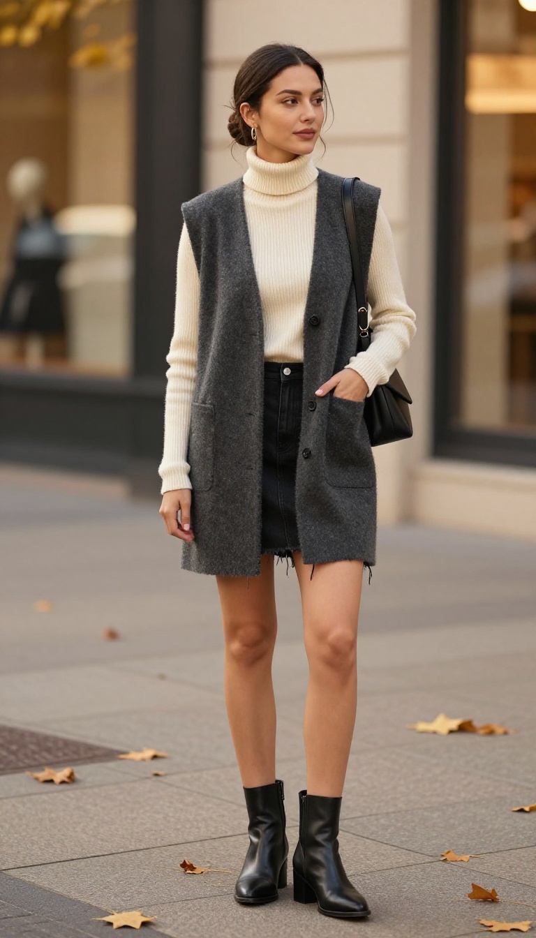 11. Frayed Skirt with a Turtleneck and Longline Vest