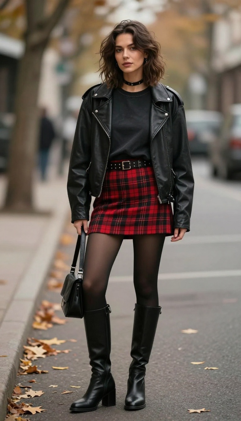 8. Plaid Skirt + Band Tee + Over-the-Knee Boots