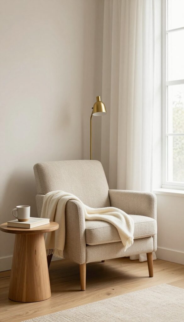 Cozy guest bedroom reading nook with a neutral armchair, side table, throw blanket, and reading lamp beside a sunlit window.