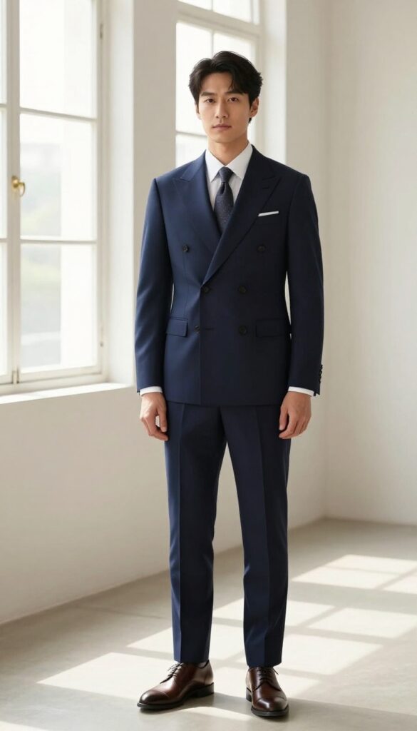 Man in a tailored midnight blue double-breasted suit with white shirt and tie, standing in bright natural light