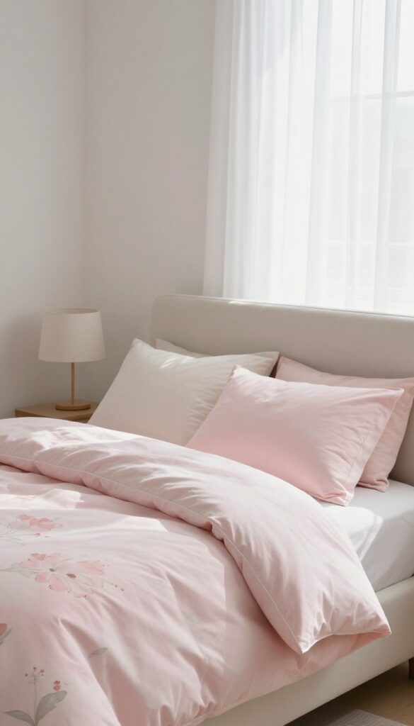 Bright bedroom with pastel pink watercolor floral bedding, sheer curtains, and soft natural light for a romantic, calm look