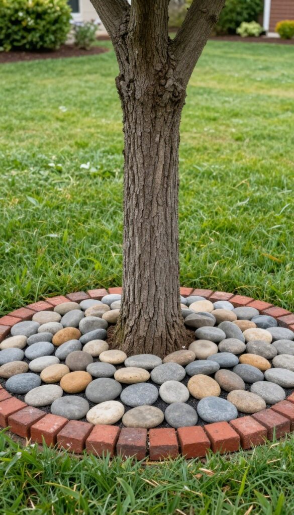 Circular rock mulch bed with decorative stones and brick edging surrounding a tree trunk in a bright front yard