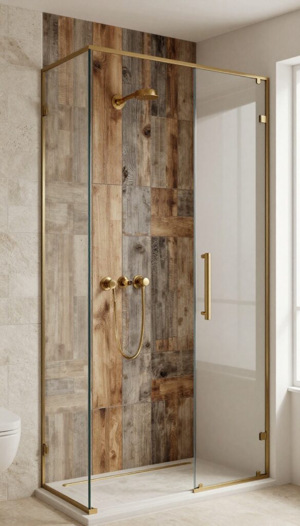 Rustic shower with vertical wood-look porcelain tiles on the back wall contrasted by neutral stone tile and bright natural light