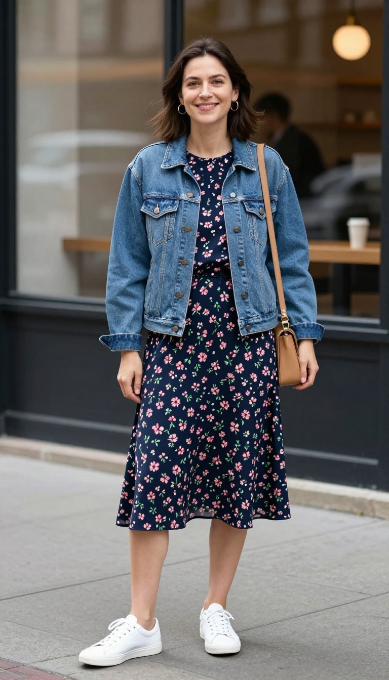 8. Jean Jacket with a Floral Midi Skirt and White Sneakers