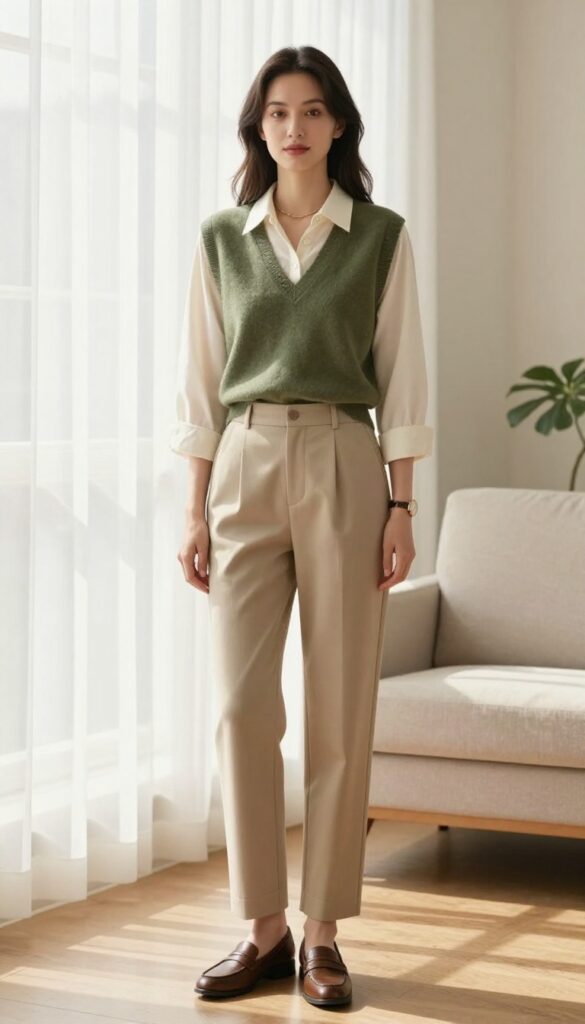 Woman wearing a cream button-down shirt, olive sweater vest, tailored beige trousers, and brown penny loafers, standing in a bright room with natural light.