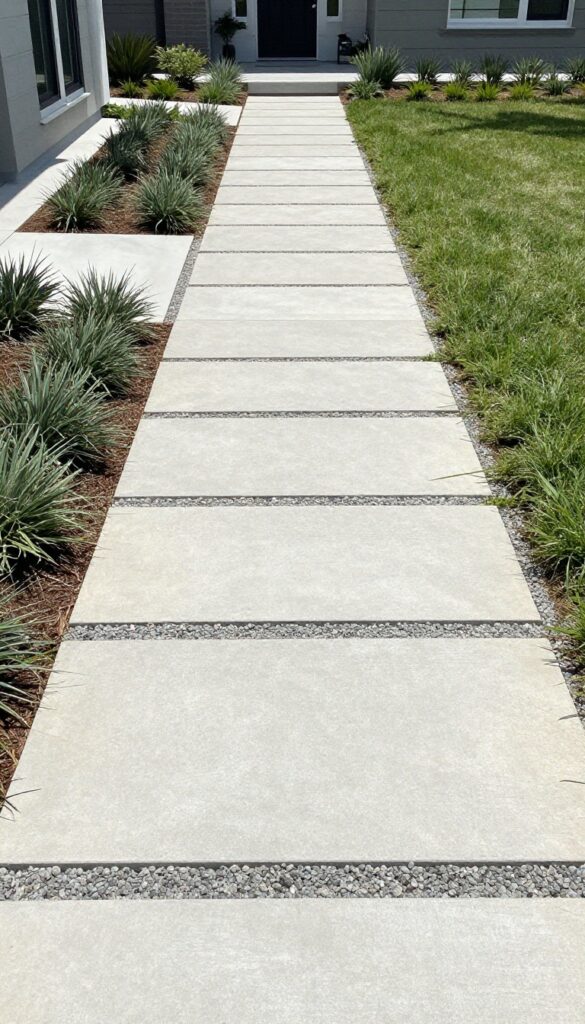 Modern front yard with a straight geometric walkway of large rectangular concrete pavers bordered by gravel and low landscaping, leading to the front door in bright natural light
