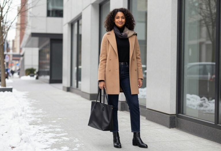 Woman wearing dark jeans, camel coat, and black turtleneck standing outside office building in winter