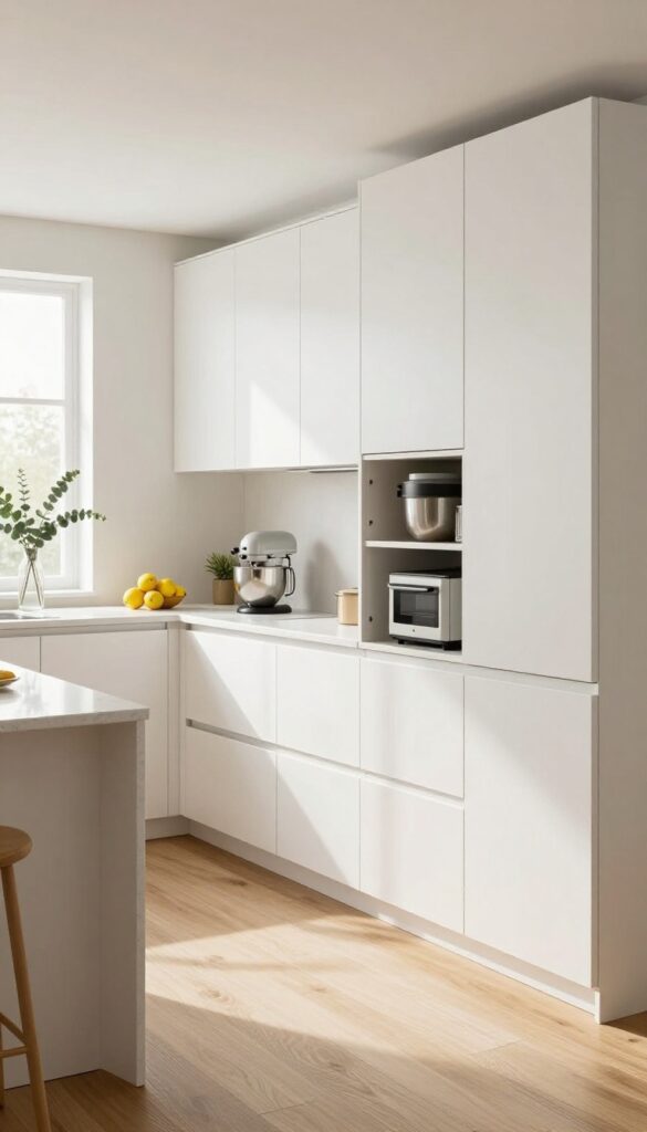 Bright open kitchen with a wall of seamless tall white cabinets hiding appliances behind closed doors, clear quartz countertop, and natural light.