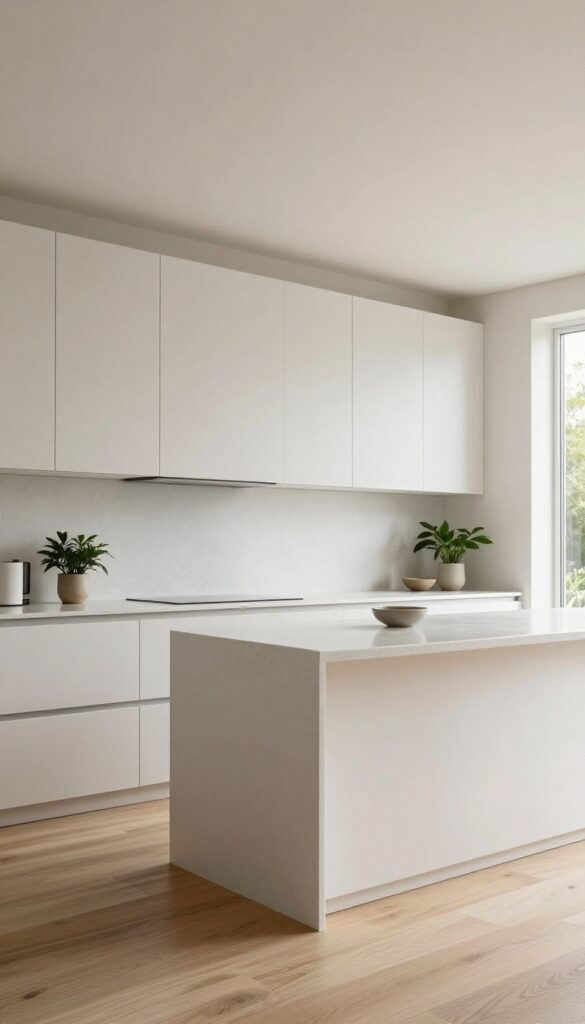 Modern luxury kitchen with full-height cabinets reaching the ceiling, creating sleek vertical lines and a bright, uncluttered space