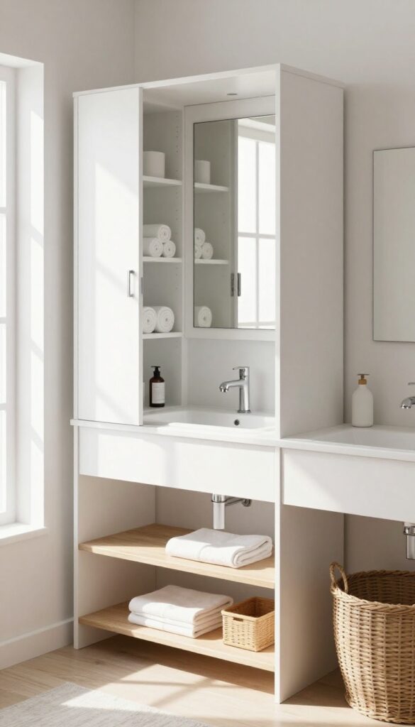 Bright small bathroom with a mirrored medicine cabinet open to reveal organized storage and a wooden stool with a hidden compartment holding folded linens