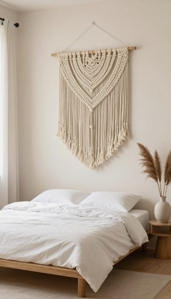 Large cream macramé wall hanging above a bed with simple white bedding in a bright bohemian bedroom
