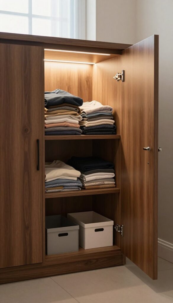 Open small bedroom cupboard with warm LED strip lighting along the top interior edge softly illuminating neatly organized shelves and folded clothes
