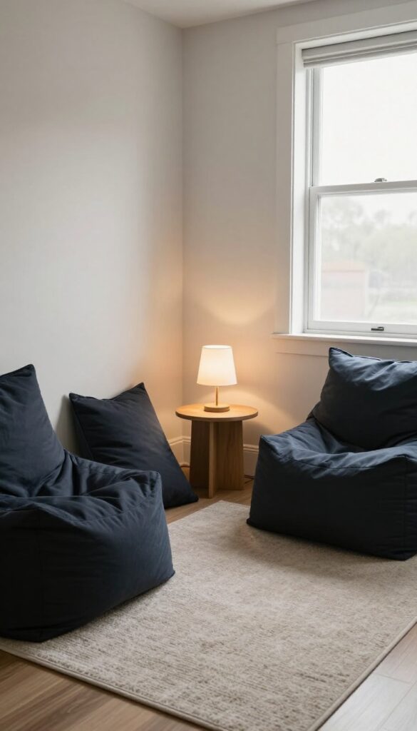 Cozy teen boy bedroom lounge corner with dark bean bag chairs, floor cushions, a small side table, and a warm floor lamp on a soft rug in bright natural light