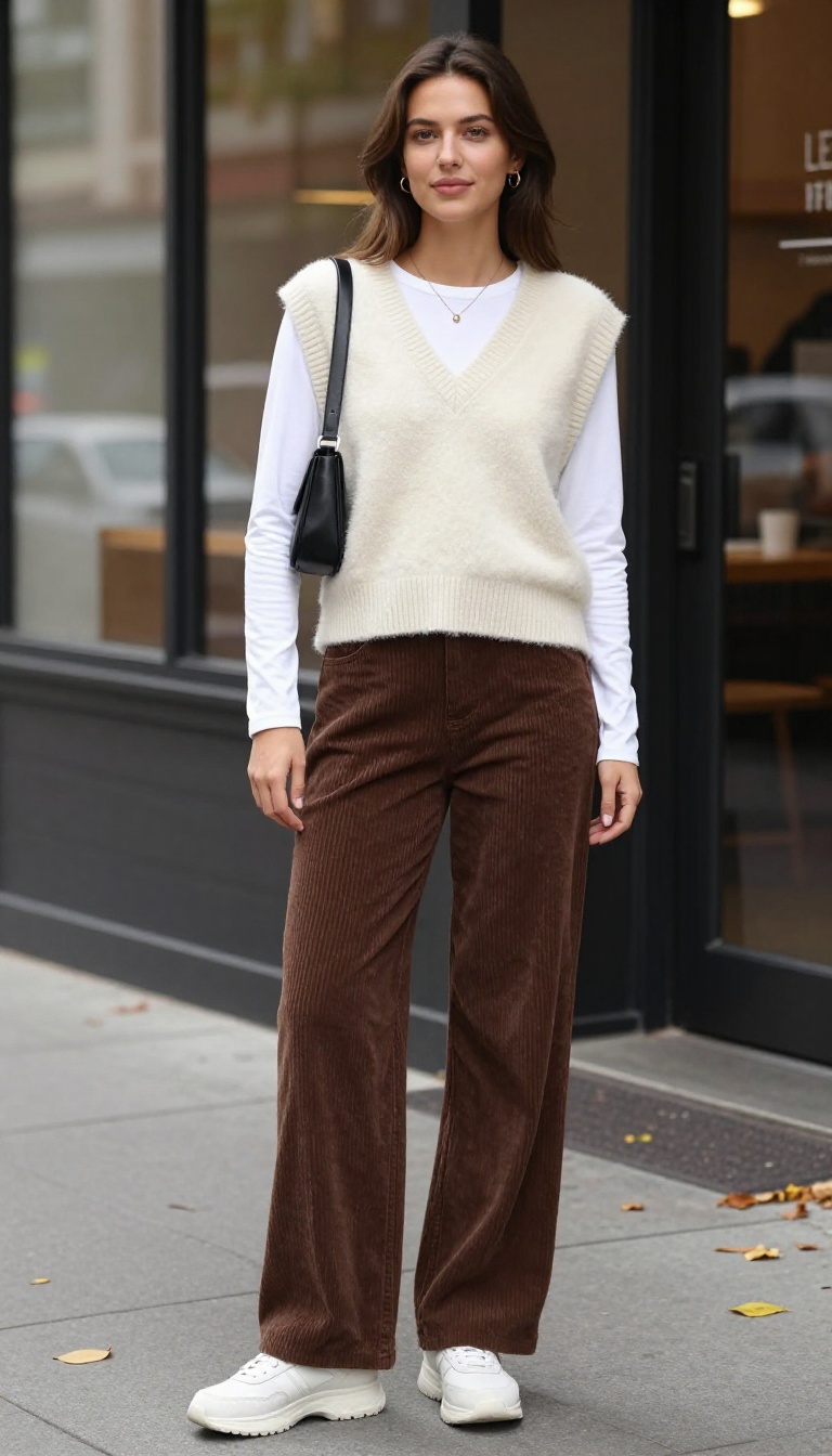 3. Corduroy Pants with a Fuzzy Sweater Vest