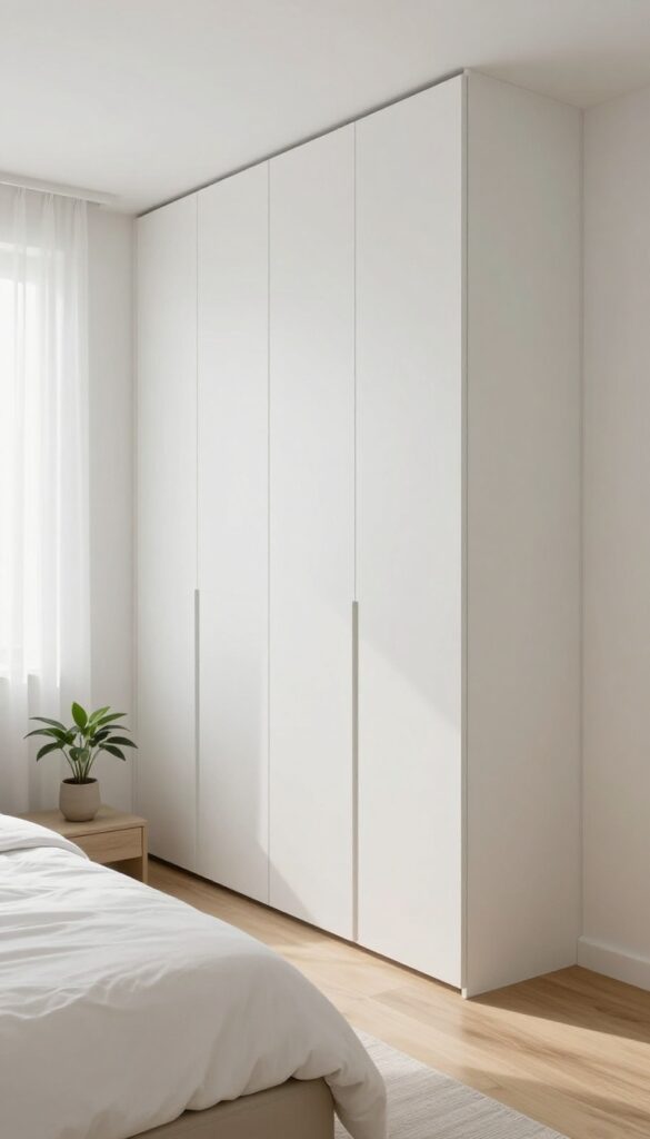 Small bright bedroom with a matte white floor-to-ceiling built-in wardrobe extending from floor to ceiling, styled with neutral bedding and natural light