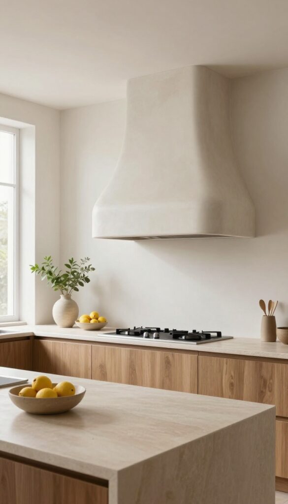 Bright modern kitchen with a smooth curved off-white plaster range hood above a stainless steel stove, warm wood cabinets, and natural light