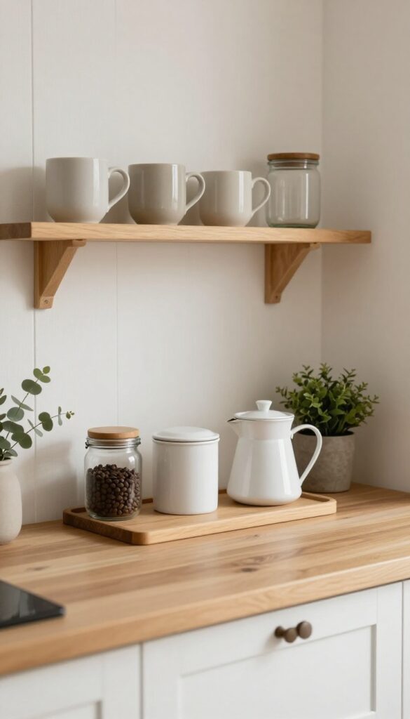 Cozy farmhouse kitchen coffee station with white ceramic canisters, glass jars, neutral mugs on a wooden shelf, and a small green plant in bright natural light
