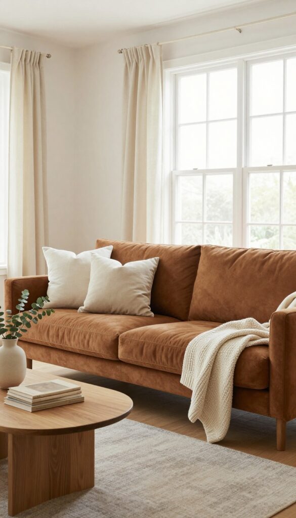 A bright living room with a rich brown sofa styled with cream and off-white pillows and a soft throw, set against warm neutral walls and a light rug in natural daylight.