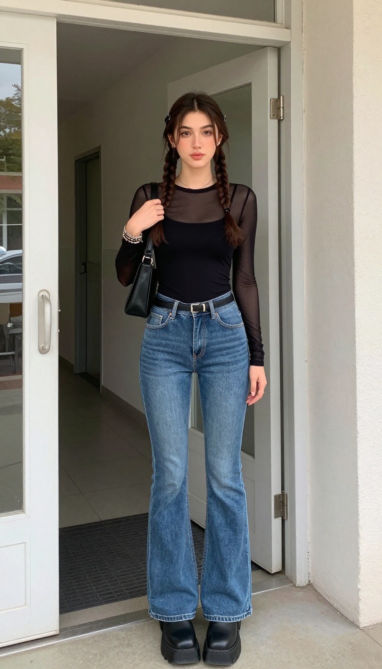 12. Mesh Top + Cami + Flared Jeans + Platform Boots