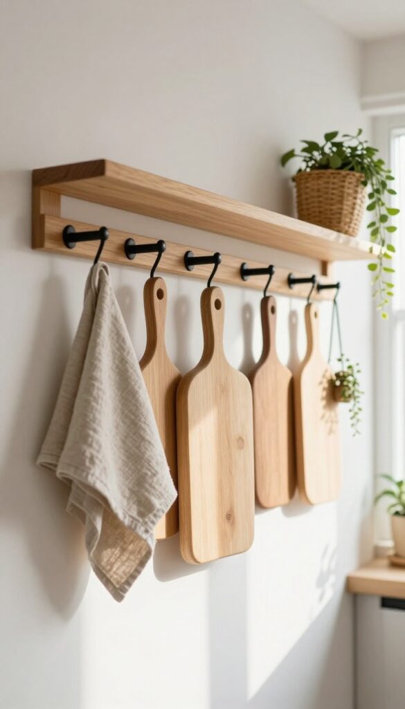 Bright kitchen wall with a wooden peg rail holding cutting boards, dish towels, a small hanging plant, and a basket for practical storage and decor.