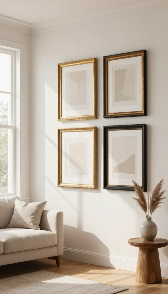 Oversized ornate gold and black frames with simple neutral prints spaced generously on a bright living room wall above a linen sofa