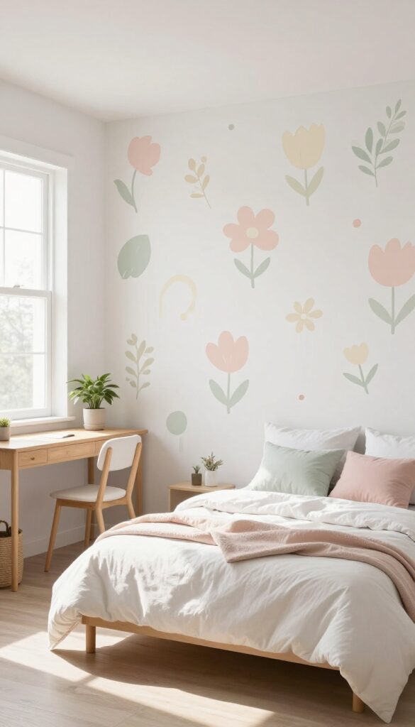 Bright teen girl bedroom with a blush pink and sage floral peel-and-stick wallpaper statement wall behind the bed, styled with pastel pillows and natural light.