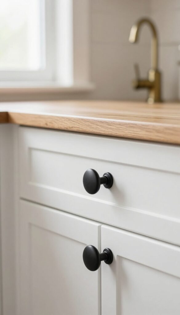 Close-up of matte black vintage-style knobs and cup pulls on white farmhouse kitchen cabinets in bright natural light