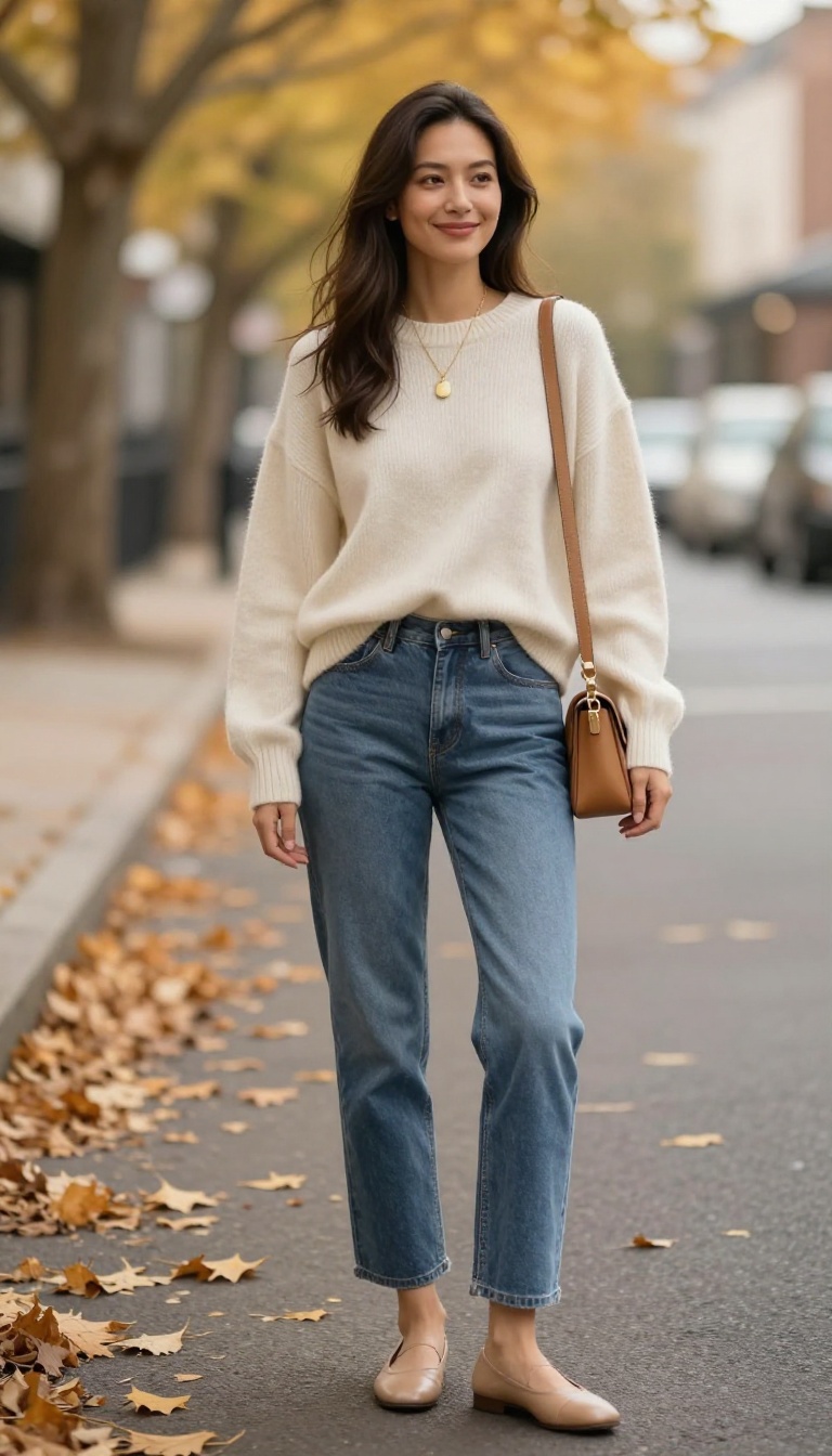2. Cream Cashmere Sweater with Medium-Wash Jeans and Ballet Flats