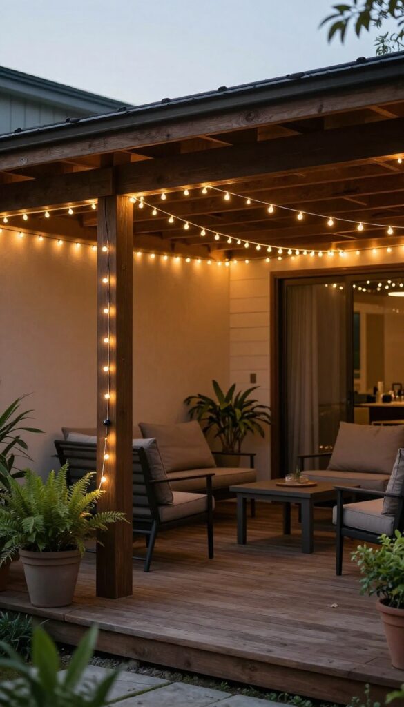 Warm white string lights hanging in gentle swoops above a cozy wooden deck seating area at dusk, creating a soft glowing ceiling of light
