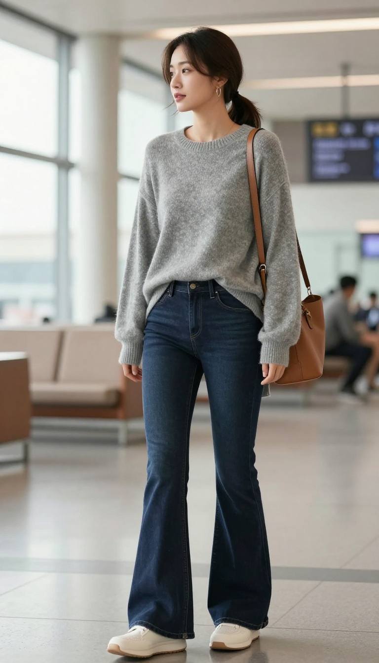 8. Cozy Tunic Sweater and Navy Flares with Slip-On Sneakers