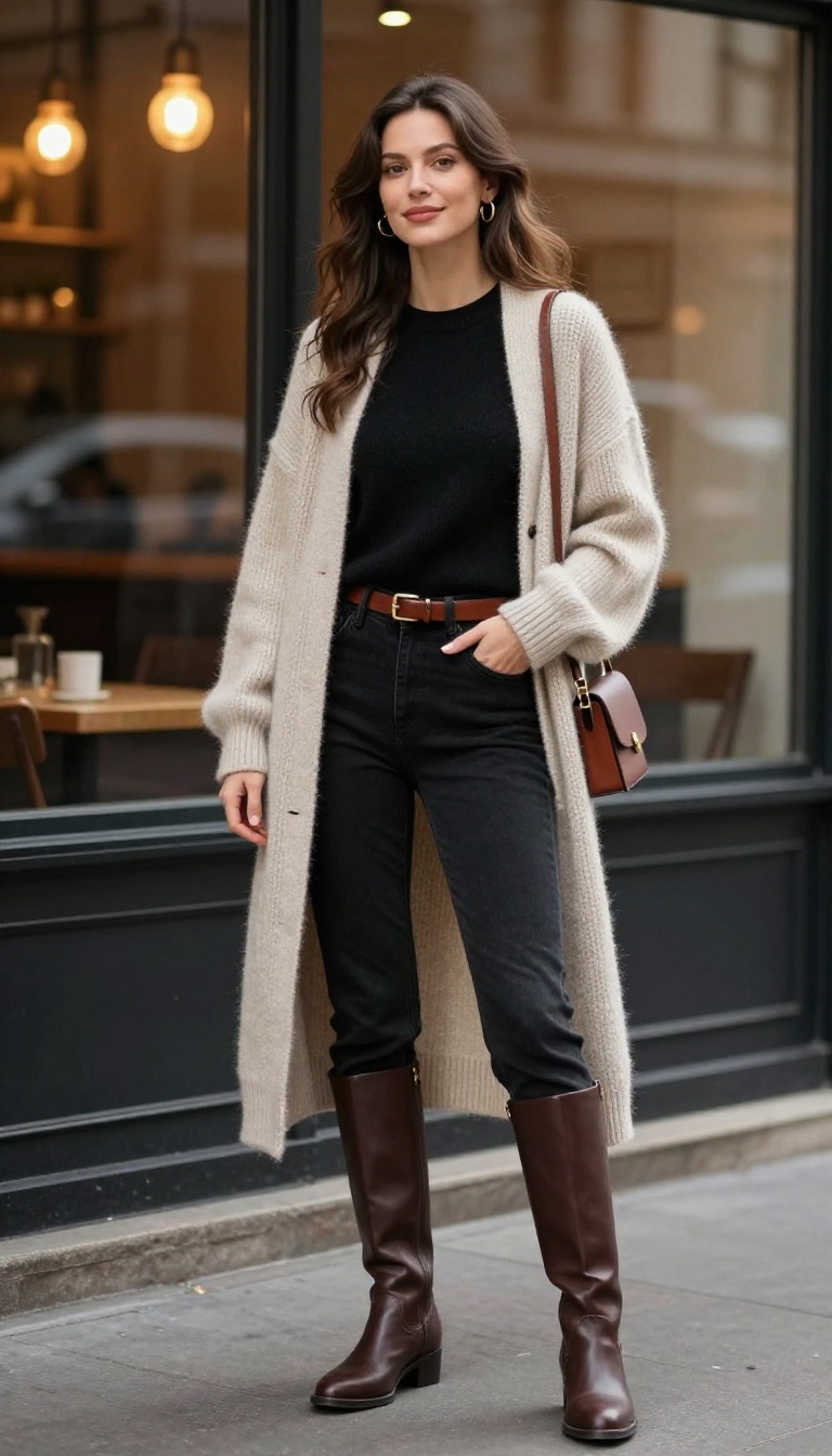 7. Straight-Leg Jeans + Long Cardigan + Belted Waist + Knee-High Boots