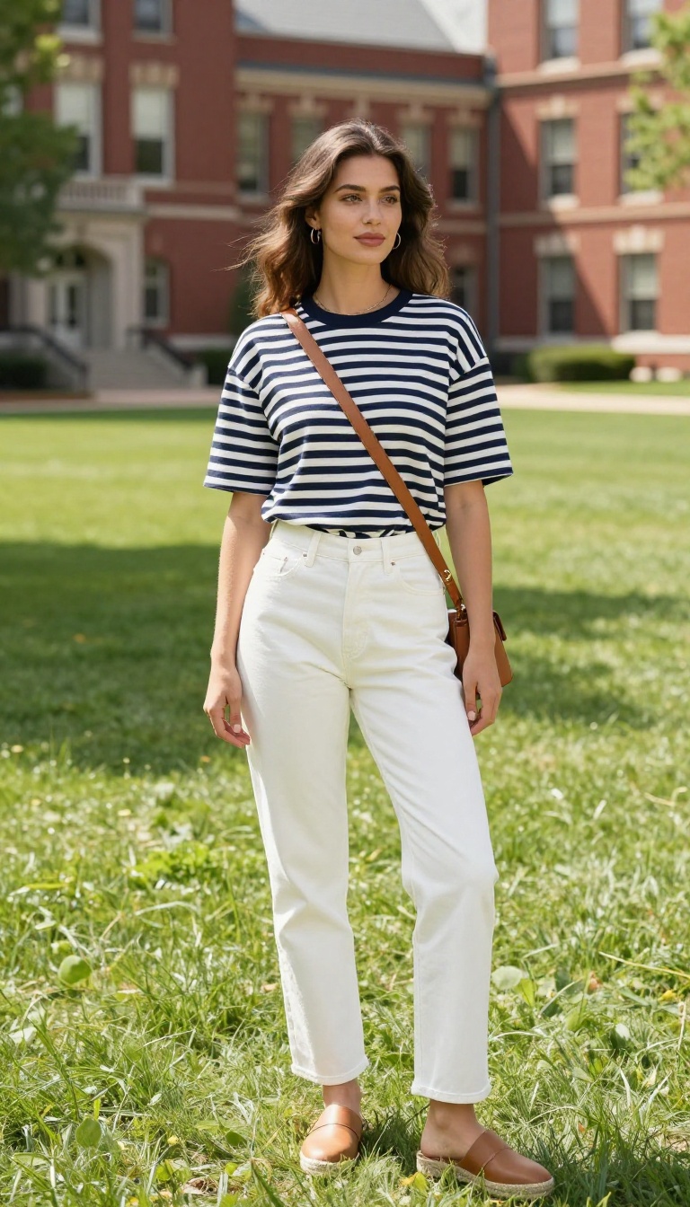7. Nautical Striped Breton Top with White Denim