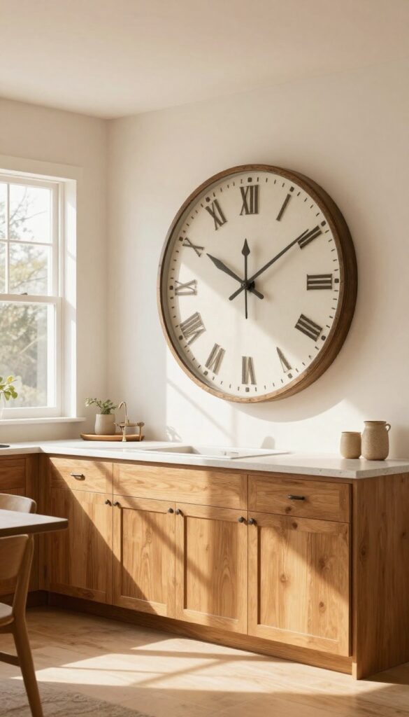 Bright farmhouse kitchen with a large vintage-style oversized wall clock on an open wall near the dining area, styled with minimal surrounding decor.