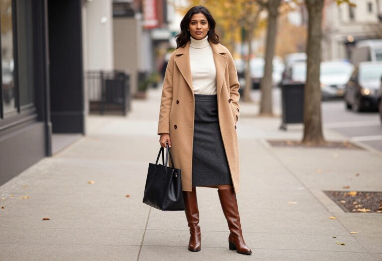 Woman wearing a charcoal midi skirt, cream turtleneck, and knee-high boots, standing on a city sidewalk with a camel coat over her shoulders.
