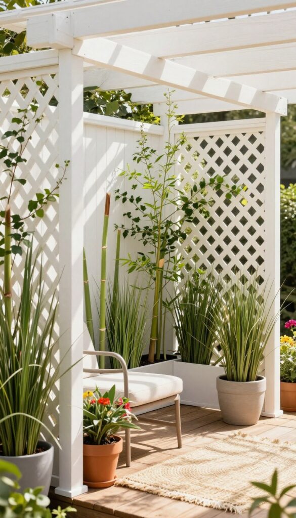 Sunlit wooden deck with a DIY lattice privacy screen, climbing vines, and tall potted bamboo plants creating a cozy outdoor retreat.