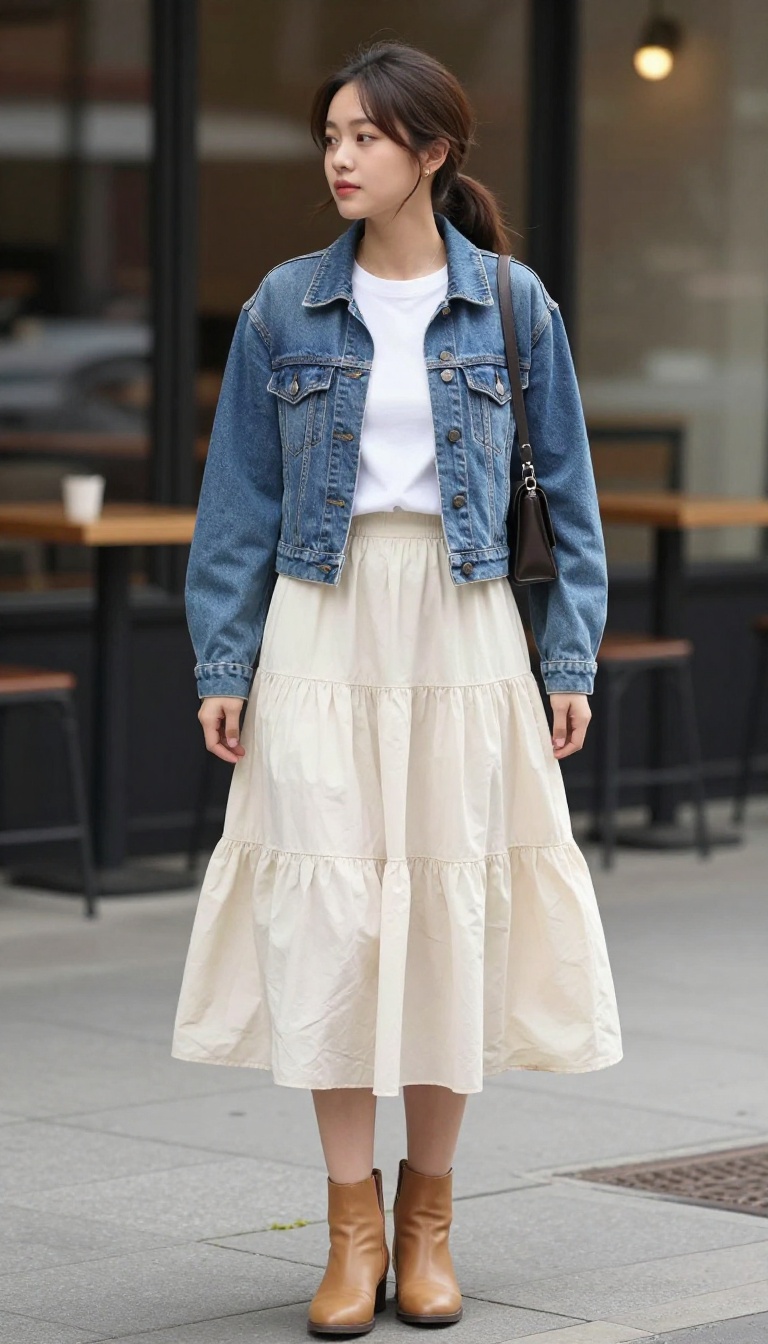 7. Tiered Skirt with a Cropped Jacket and Ankle Boots