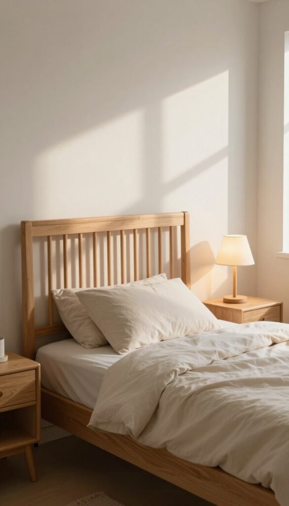 Cozy bedroom with a wooden bed frame featuring a tall vertical slatted headboard, soft neutral bedding, simple bedside tables, and warm natural light casting shadows on the wood.