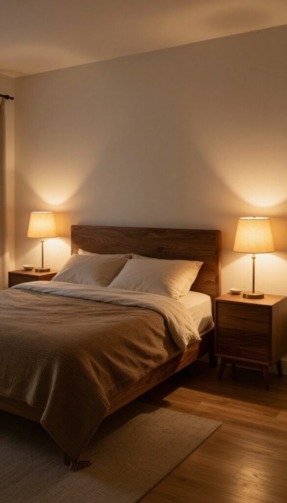 Two brown wooden nightstands with matching warm-lit fabric-shade lamps beside a bed in a cozy brown bedroom at dusk.