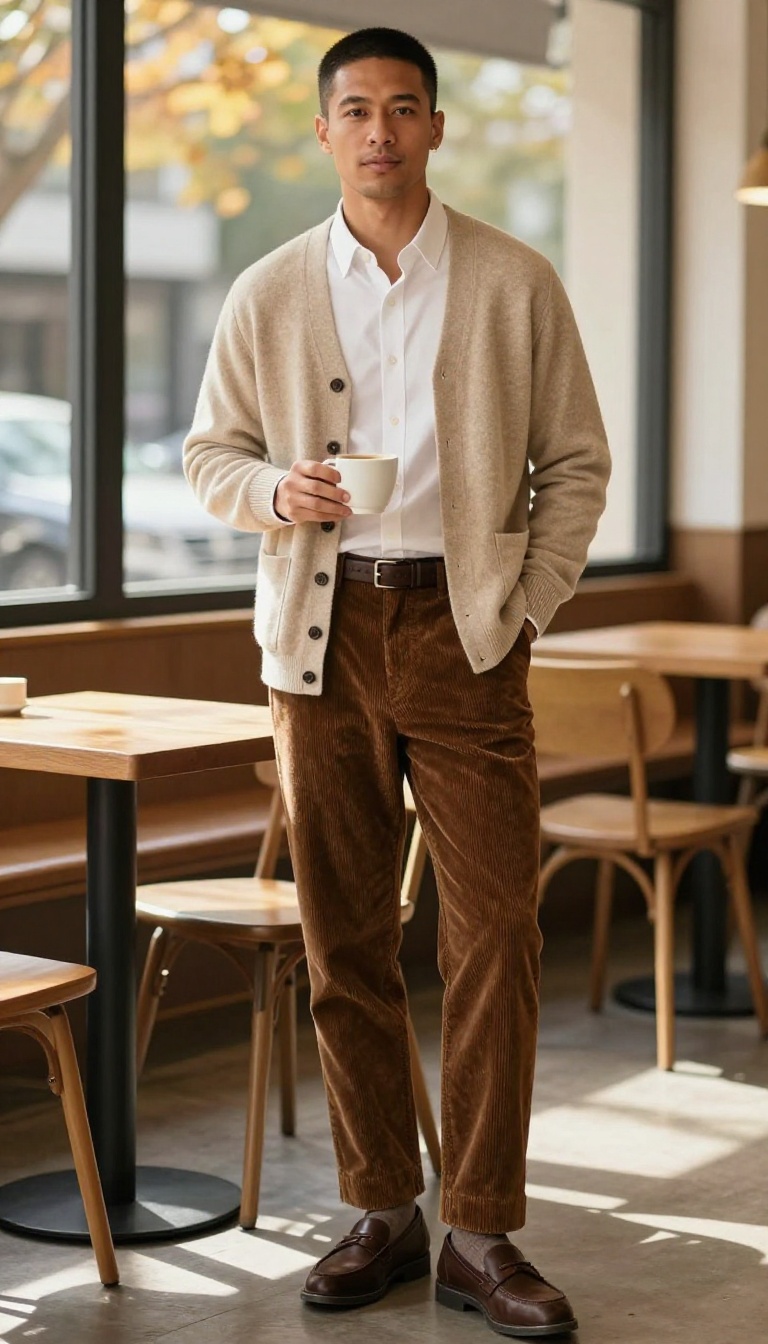 3. The Cashmere Cardigan and Corduroy Look
