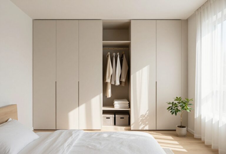 Bright small bedroom with a floor-to-ceiling beige wardrobe using vertical storage to keep the space organized and uncluttered