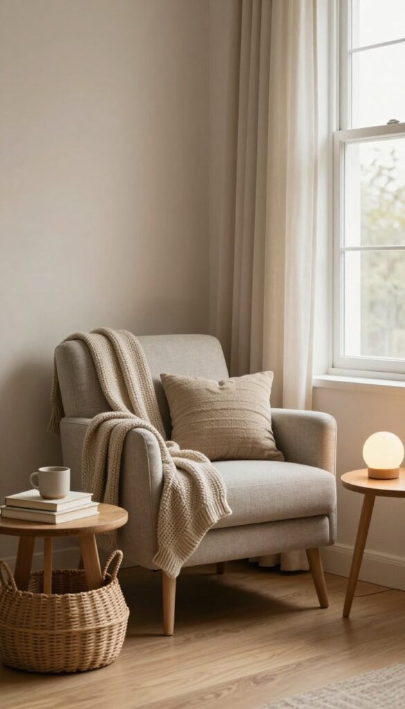Cozy reading nook in a bright living room corner with an upholstered chair, soft throw, side table with books, woven basket, and a floor lamp in natural light