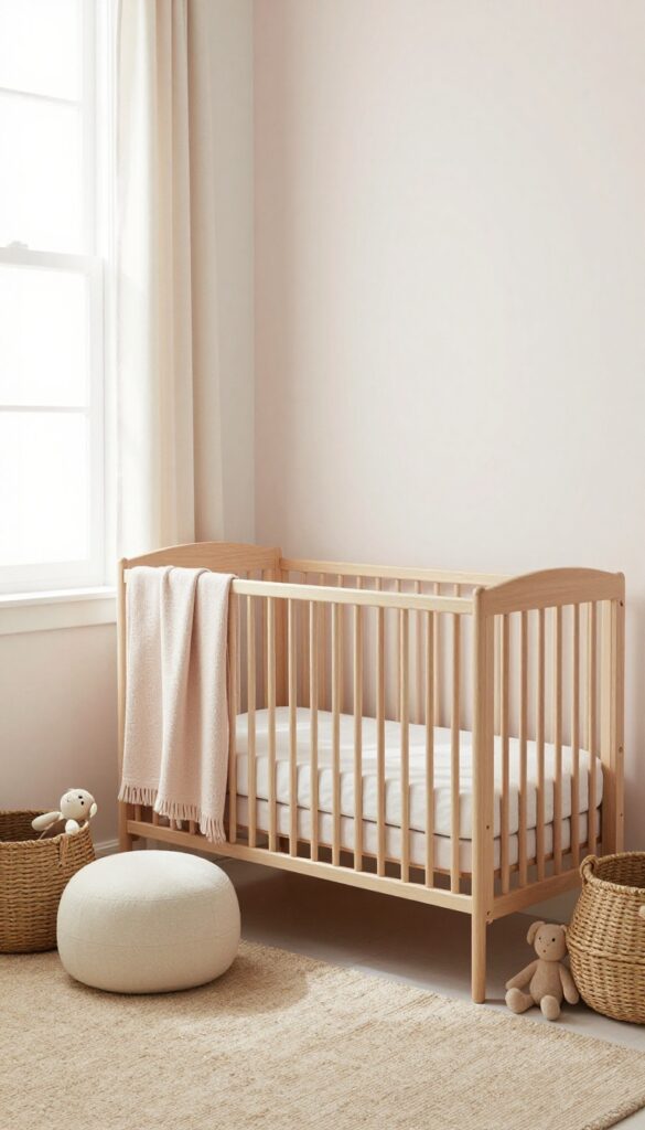 Soft blush and warm white baby girl nursery with a light wood crib, blush knit blanket, cream ottoman, and linen curtains in bright natural light.