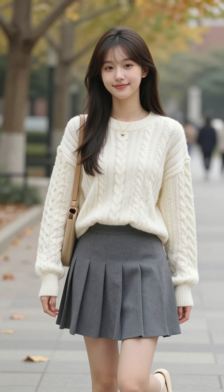 2. Cable Knit Sweater and Pleated Skirt