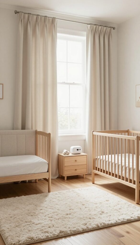 Bright shared nursery with two cribs, a thick area rug, heavy curtains, a fabric headboard, and a white noise machine between sleeping zones to soften sound.