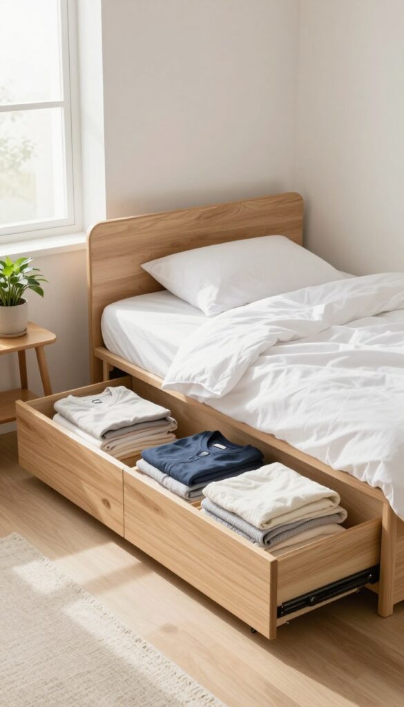A bright small bedroom with a light wood storage bed, its built-in drawers open to show neatly organized clothes, styled with white bedding and a plant.