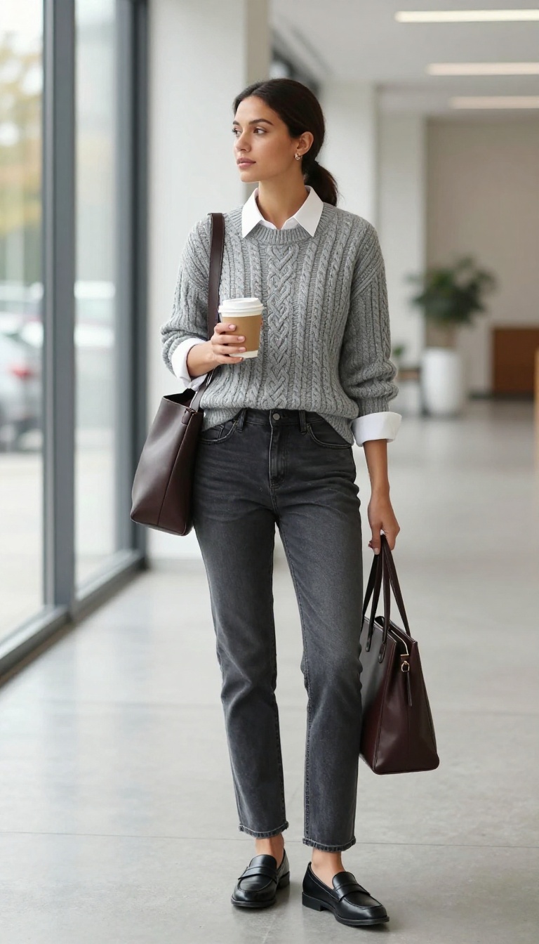5. Grey Jeans with a Cable-Knit Sweater and Collared Shirt